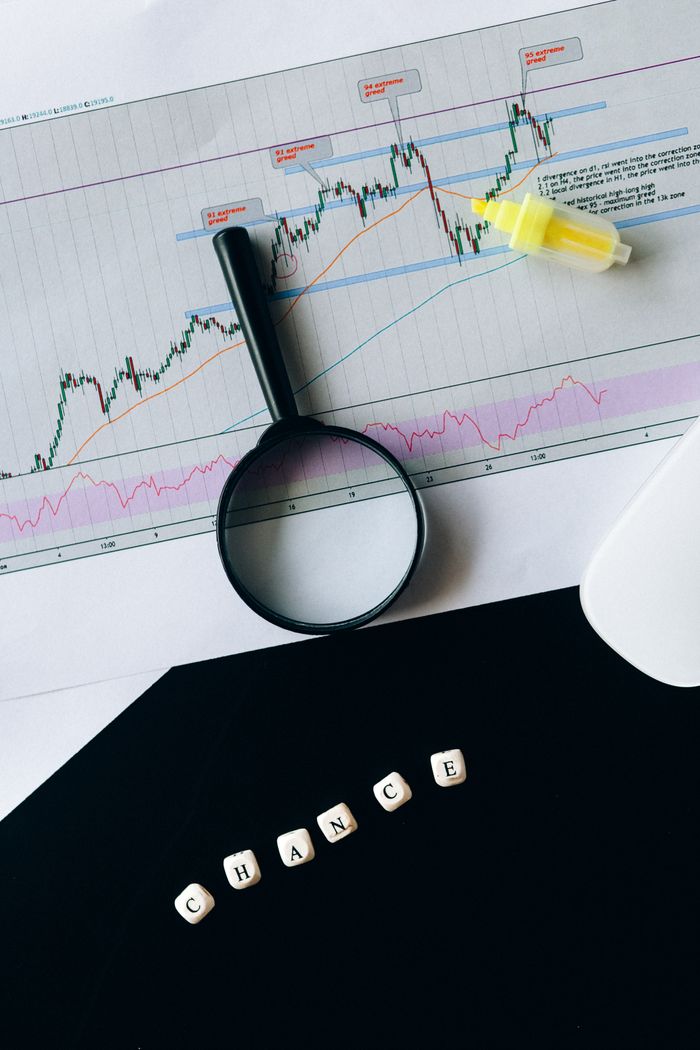A conceptual still life of a stock chart with magnifying glass and chance text.